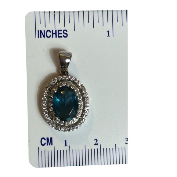 Sterling Silver Blue Topaz Colored Necklace Pendant Oval CZ Please Read Descript - Picture 5 of 7